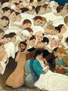 a painting of many people in bed with one woman holding her head up to the other