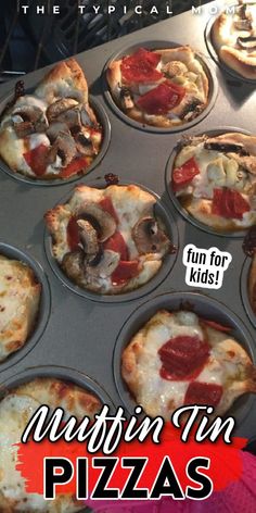 there are many mini pizzas in the muffin tin