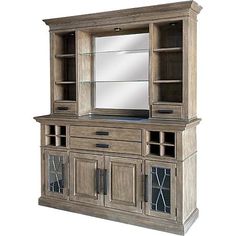 a large wooden cabinet with glass doors and mirror on it's top shelf, in front of a white background