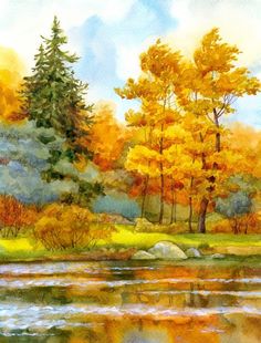 watercolor painting of autumn trees by the river