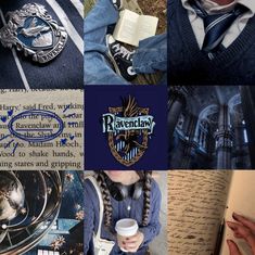 a collage of photos with harry potter and hogwart's crest on them