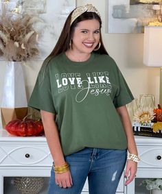 Spread kindness and positivity with our Love Like Jesus Graphic Shirt! Featuring the inspiring message "Love Like Jesus" in crisp white letters, this shirt is a reminder to embody the love and compassion of Jesus in your daily life. Available in sizes YXS-5XL and in your choice of colors, this Christian-themed shirt is perfect for those who want to share their faith and spread good vibes. Whether you're at church, out with friends, or just running errands, this shirt is a meaningful way to express your beliefs and encourage others to do the same. Jesus Graphic, School Ties, Encourage Others, Love And Compassion, Love Like Jesus, Inspiring Message, Black Friday Christmas, Monogram Shirts, Spread Kindness