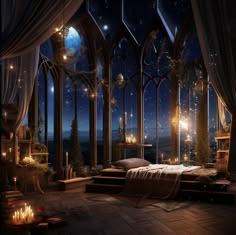 a bedroom with large windows and candles lit up in the dark night sky above it