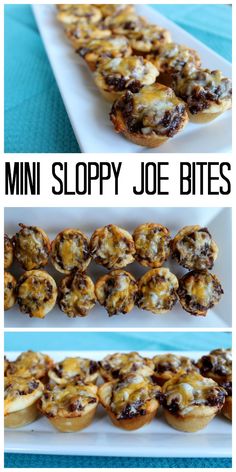 mini sloppy joe bites on a white platter with the title above it in black and white