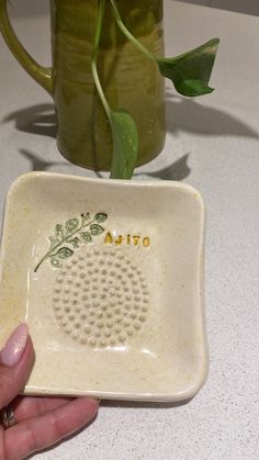 a hand holding a ceramic dish next to a vase with a plant in it on a table