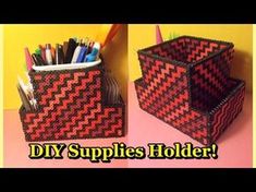 two baskets with pens and pencils in them sitting on a pink table next to the words diy supplies holder