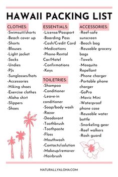 the hawaiian packing list is shown in pink and white with palm trees, flowers, and other