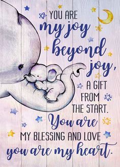 a wooden sign with an elephant holding a baby in it's trunk, and the words you are my joy beyond