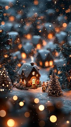 a small house in the middle of a snowy forest filled with christmas trees and lights