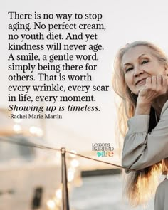 a woman leaning on a railing with a quote from rachel marie martin above her head