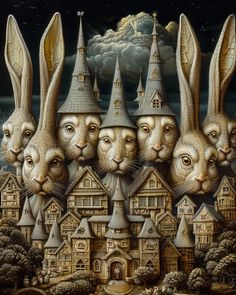 some rabbits are standing in front of a castle with turrets on their heads and ears