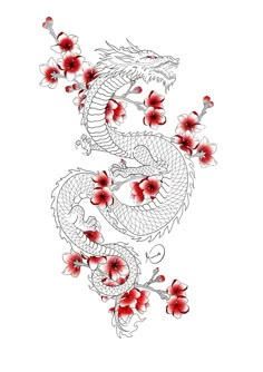 An ideal thigh, forearm/arm, back or rib Sakura Dragon Tattoo Design. Credit: Insta @momochii.grfx Dragon Tattoo With Flowers, Sakura Dragon, Dragon Tattoo Back, Red Dragon Tattoo, Asian Dragon Tattoo, Chinese Dragon Tattoos, Japanese Dragon Tattoo, Dragon Tattoo For Women, Japanese Dragon Tattoos