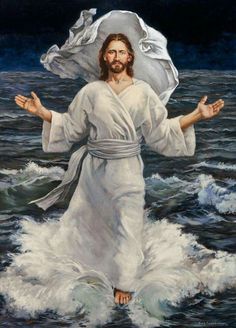 jesus walking in the water with his arms spread out and hands outstretched, holding an umbrella over his head