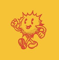 an orange and yellow drawing of a cartoon character holding a wrench in his right hand