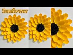 two pictures of sunflowers made out of yellow plastic flowers with black center pieces