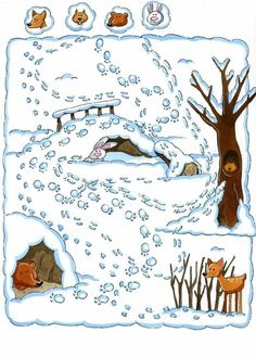 a drawing of animals in the snow with trees and water droplets on their surface, including an animal bed