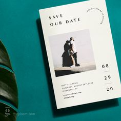 the save our date card is displayed next to a green plant on a blue background