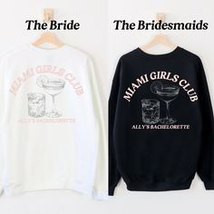 two sweatshirts that say the bride and the groom on them, one has a martini glass in it