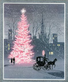 a pink christmas tree is lit up in the night with people standing around it and horse drawn carriages