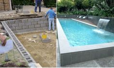 two pictures side by side one shows a pool and the other shows a man standing in front of it