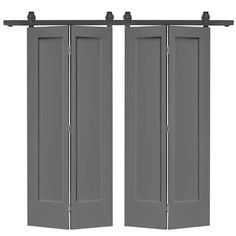 two gray doors with black hardware on the top and bottom, one open to reveal an image