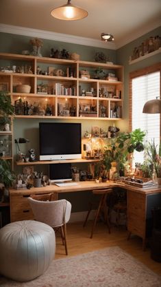 a home office with lots of shelves and plants on the desk, along with a chair