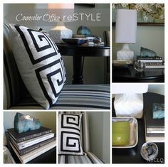 a collage of photos showing different types of pillows and decor in black, white, and grey