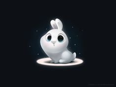 a white rabbit sitting on top of a black floor next to a star filled sky