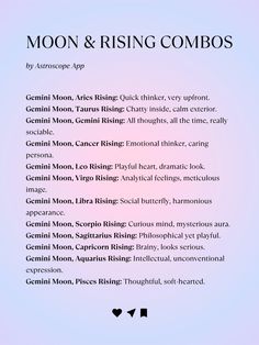 the moon and rising combos page is shown in pink, blue, and black