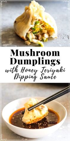 mushroom dumplings with honey teriyaki dipping sauce in a white bowl on a table