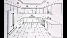 a drawing of a kitchen with white cabinets and wood flooring is shown in black and white