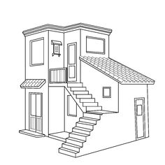 a drawing of a house with stairs leading up to the second floor and an open door