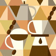 a coffee cup and saucer on a geometric background