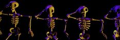 the skeleton is hanging from strings in front of a black background