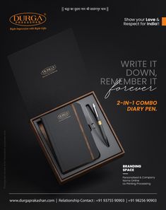 an advertisement for a pen and notebook