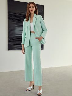 Mint Green    Polyester Plain  Embellished Non-Stretch  Women Suits Green Suit Women, Professional Office Outfit, Tailored Pants Women, Green Outfits For Women, Spring Business Casual Outfits, Green Suit Jacket, Women Suits Wedding, Outfit Elegantes, Casual Work Outfits Women