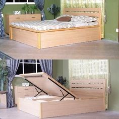 there are two pictures of a bed with an open box on the top and bottom