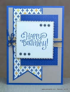 a happy birthday card with the words happy birthday written in blue and white on it