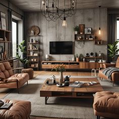 a living room filled with furniture and a flat screen tv mounted on a wall above a wooden coffee table