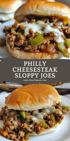 two cheesesteak sloppy joes on white plates with text overlay that reads, phily cheese steak sloppy joes