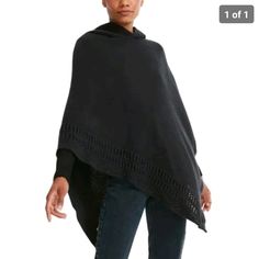 Steve Madden Hooded Knit Detail Women's Poncho - Black Scarf Cape, Ruana Wrap, Poncho Dress, Cape Shawl, Womens Poncho, Poncho Wrap, Poncho Shawl, Crochet Weaves, Knit Edge