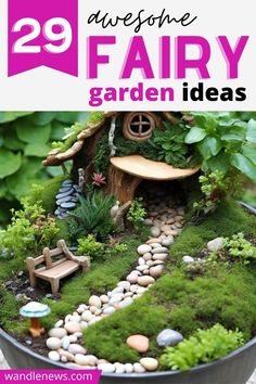 a fairy garden in a bucket with moss and rocks on the ground, text overlay reads 29 awesome fairy garden ideas