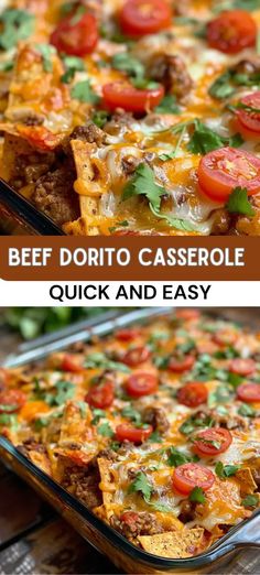 beef dorito casserole with cheese, tomatoes and cilantro on top