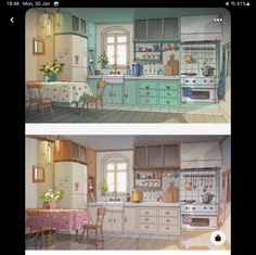 two different views of a kitchen and dining room