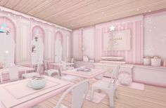 bloxburg pink winter ice cream cafe ♡ #bloxburg Bakery Bloxburg Ideas, Bloxburg Ice Cream Shop, Hello Kitty Cafe Roblox Design, Bakery Bloxburg, Pink Cafe Interior, Hello Kitty Cafe Roblox Ideas, Winter Ice Cream