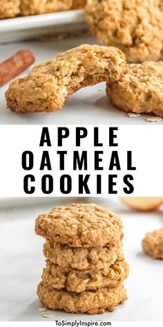 an image of apple oatmeal cookies stacked on top of each other with text overlay