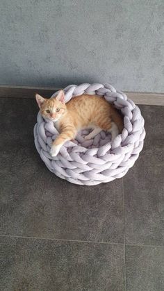 an orange and white cat is laying in a basket on the floor next to a wall