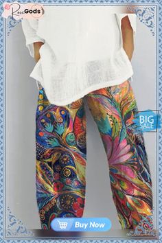 Casual Pockets Boho Printed Pants White Printed Ankle-length Bottoms, White Printed Ankle-length Pants, Spring Baggy Multicolor Bottoms, Spring Multicolor Baggy Bottoms, Casual Printed Straight Leg Bottoms, Casual Baggy Printed Bottoms, Multicolor Relaxed Fit Pants With Pockets, Baggy Printed Pants For Spring, Relaxed Fit Multicolor Pants With Pockets