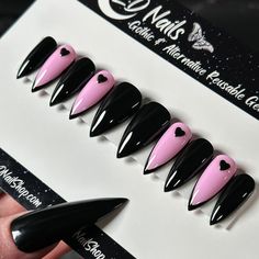 Love Affair Pastel Pink And Black Nails, Gothic Pink Nails, Goth Pink Nails, Pink And Black Stiletto Nails, Pink Goth Nails, Nails Pink And Black, Pastel Goth Nails, Nails With French Tip, Alternative Nails