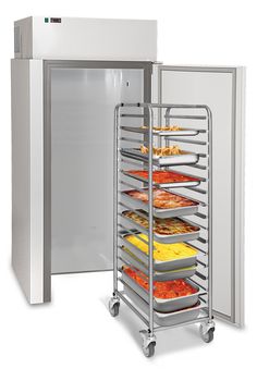 an oven with several trays of food in it's front and side doors open